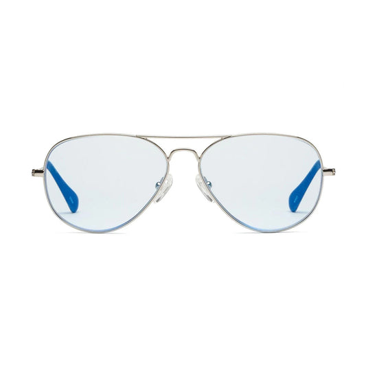 Caddis Mabuhay Reading Glasses in chrome frame and light blue lenses front view