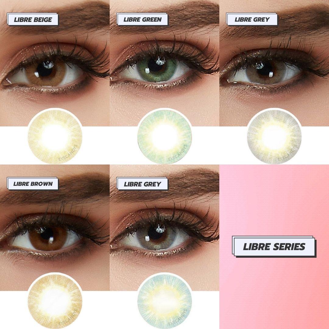 Assortment of EyeCandys Libre brown, blue, green and grey contact lenses, worn on various eyes with minimal eye makeup
