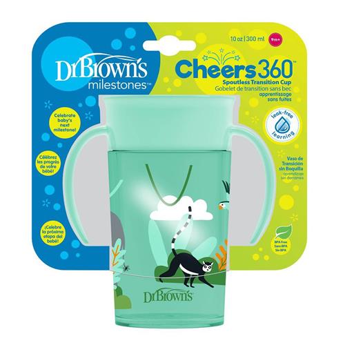 Dr Brown's Jungle Fun Cheers 360 Spoutless Transition Sippy Cup, 10 oz, 9m+