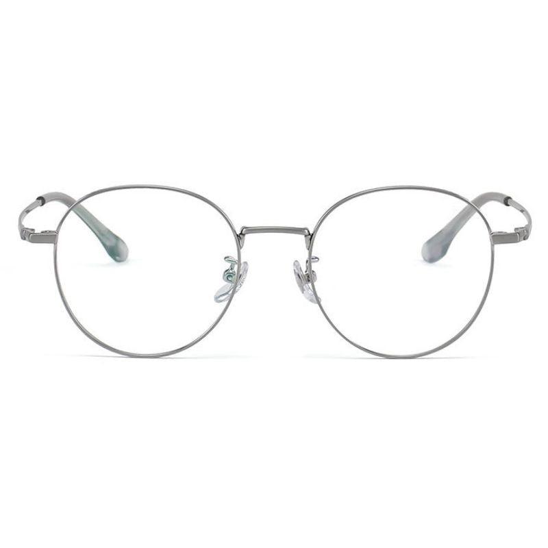 Frontal view of  Round vintage glasses frames in silver on a white background