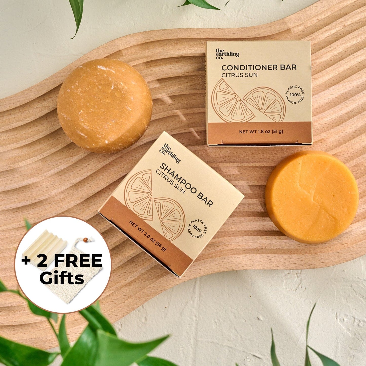 Shampoo & Conditioner For Hair Strength And Moisture + Free 8" Wooden Soap Dish and Sisal Soap Saver Bag Citrus Sun