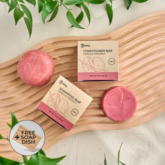 Shampoo & Conditioner + Free 4" Wooden Soap Dish Set Vanilla Coconut